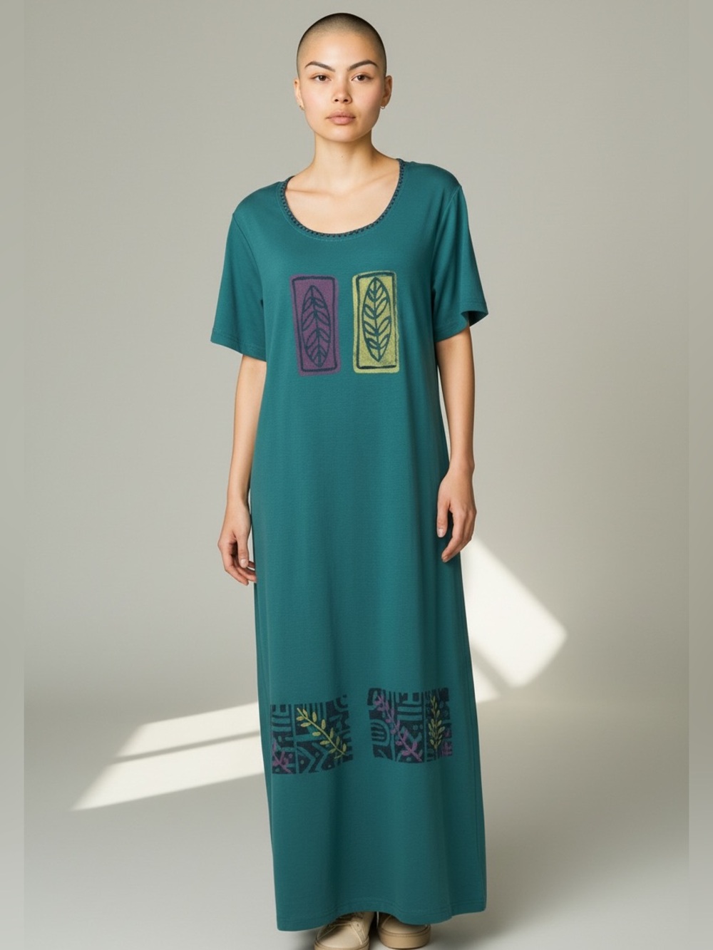 Vintage COURTWELL GREEN W SILKSCREEN LEAF PRINT - COTTON BLEND MAXI DRESS SZ M